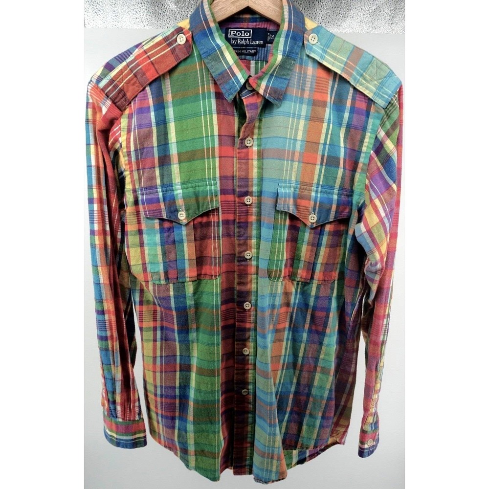 Vintage Polo Ralph Lauren Trim Military Plaid Button Up Shirt Medium 0734